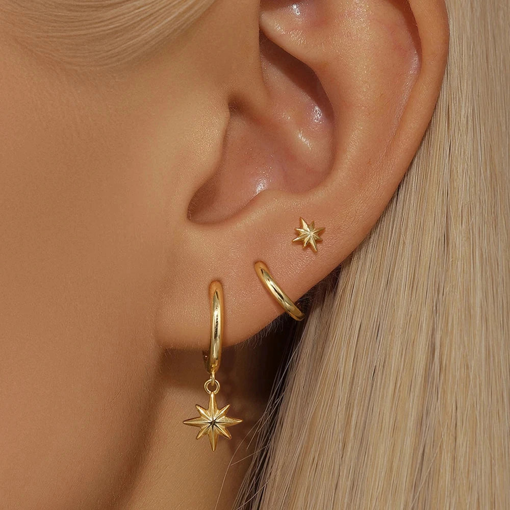 3 Piece Fashion Stainless Steel Round Star Drop Earrings Set for Women 18K Gold Plated Dangle Earring Punk Unisex Rock  Jewelry Econic Blanks