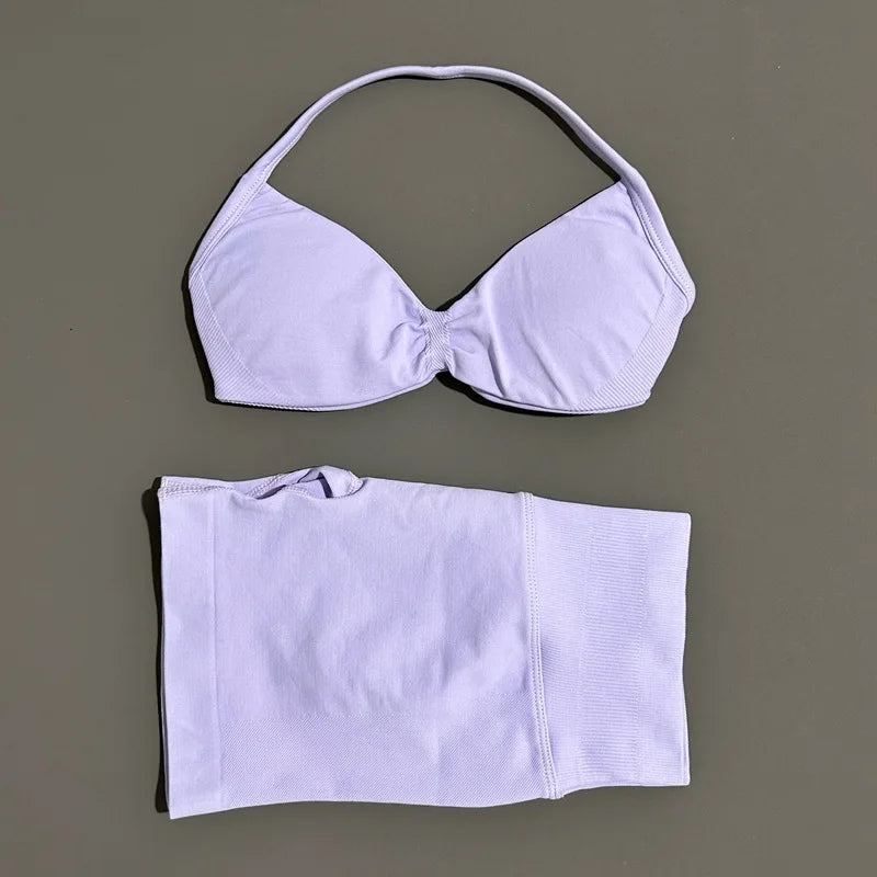 HISTELLO Gym Set 2 Piece Women Strappy Yoga Bra Top Workout Scrunch Shorts Sports Suit Fitness Clothes Seamless Yoga Set Quick Pick Grocers