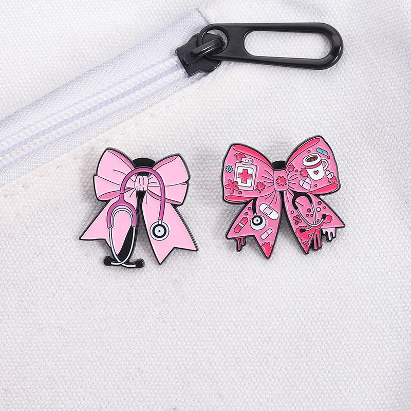 Pink Bowknot Medical Tools Stethoscope Enamel Pins Surgical Gloves Capsule Band Aid Brooches Clothes Lapel Badges Jewelry Gift Quick Pick Grocers
