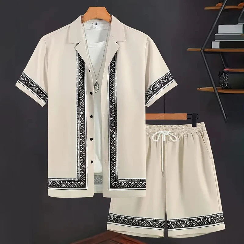 2024 New Men's Summer Holiday Suit Retro Textured Printed Border Shirt Short Sleeve Shorts Two Piece Men's Breathable Pool Suit Quick Pick Grocers