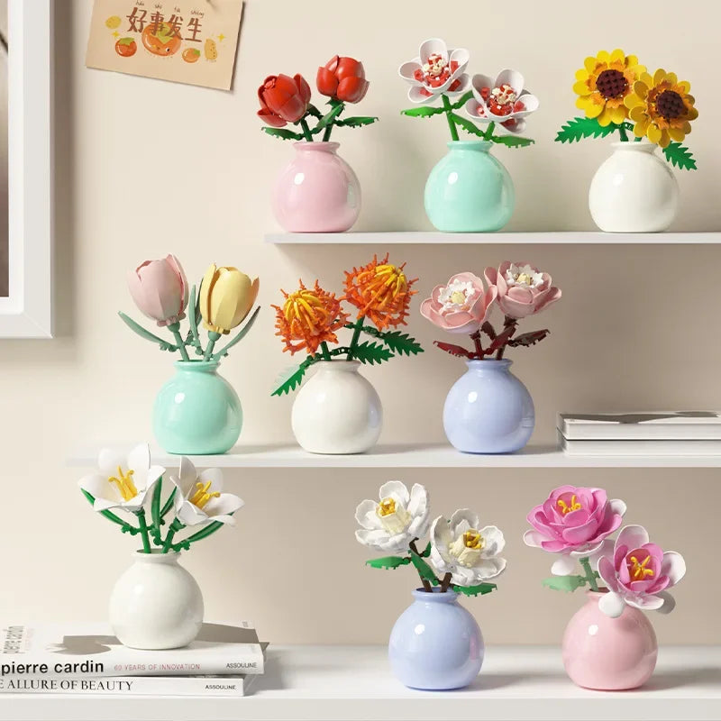 Building block pot plant bouquet of flowers, roses, lily building blocks, toys with flower pots, cute living room ornaments gift Quick Pick Grocers