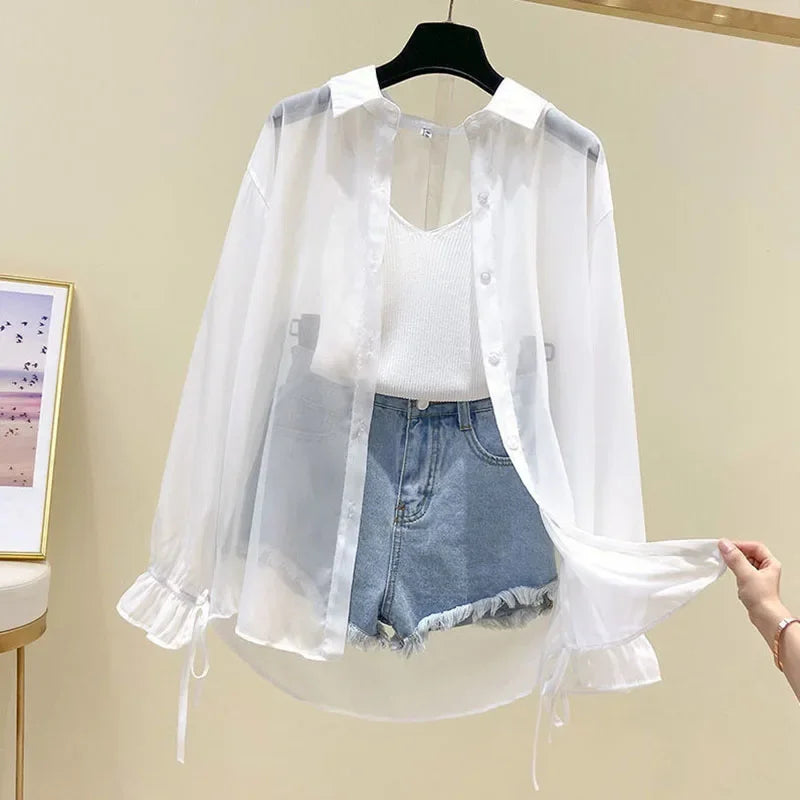 Smvp Chiffon Blouses for Women Summer Thin Loose Button-Up Sunscreen Shirt Woman Korean Fashion Bow Lace-up Long Sleeve Shirts Quick Pick Grocers