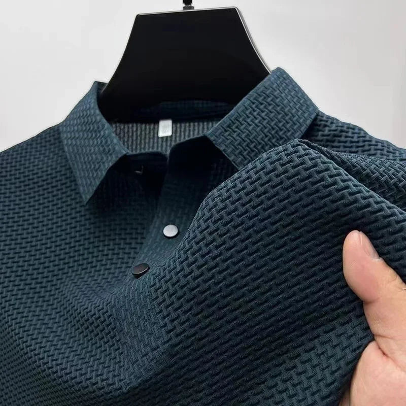 New Men's Business Casual Short Sleeved Bone Flower Solid Color POLO Shirt Fashion Breathable Comfortable Summer Versatile Top Quick Pick Grocers