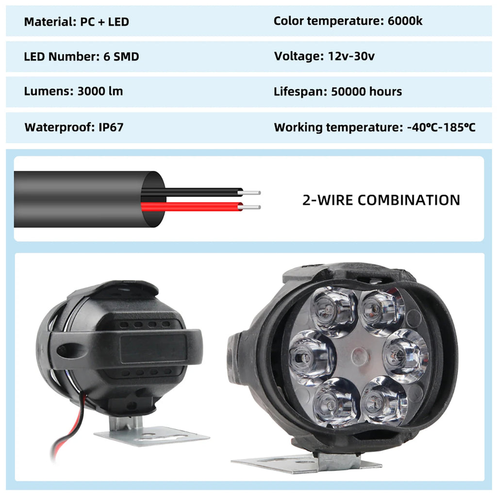 2PCS 6 LED Motorcycle Headlight Waterproof Scooters Spotlight Car Auxiliary Lamp Fog Bulb Work Lights white Universal 12v
