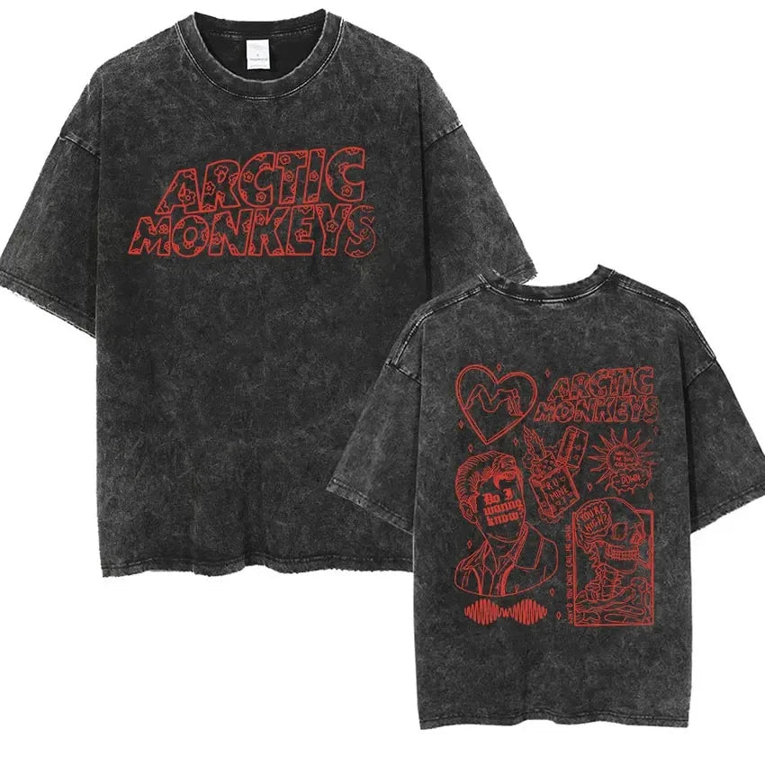 Retro Rock Arctic Monkeys Music Album Graphic T-Shrit Men's Vintage Washed Oversized Short Sleeve T Shirt Y2k Hip Hop Streetwear Quick Pick Grocers