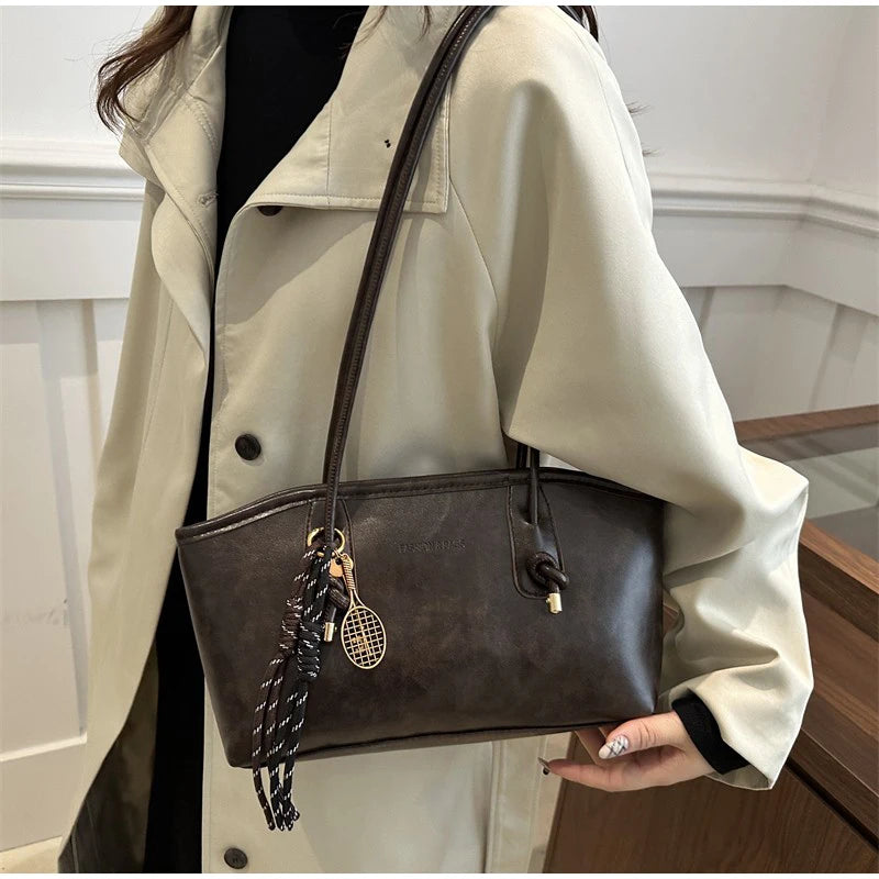 European American Retro Tote Bag, Korean Fashion Shoulder Bags Advanced Simple Handbag New Large Capacity Pendant Versatile Bags Quick Pick Grocers