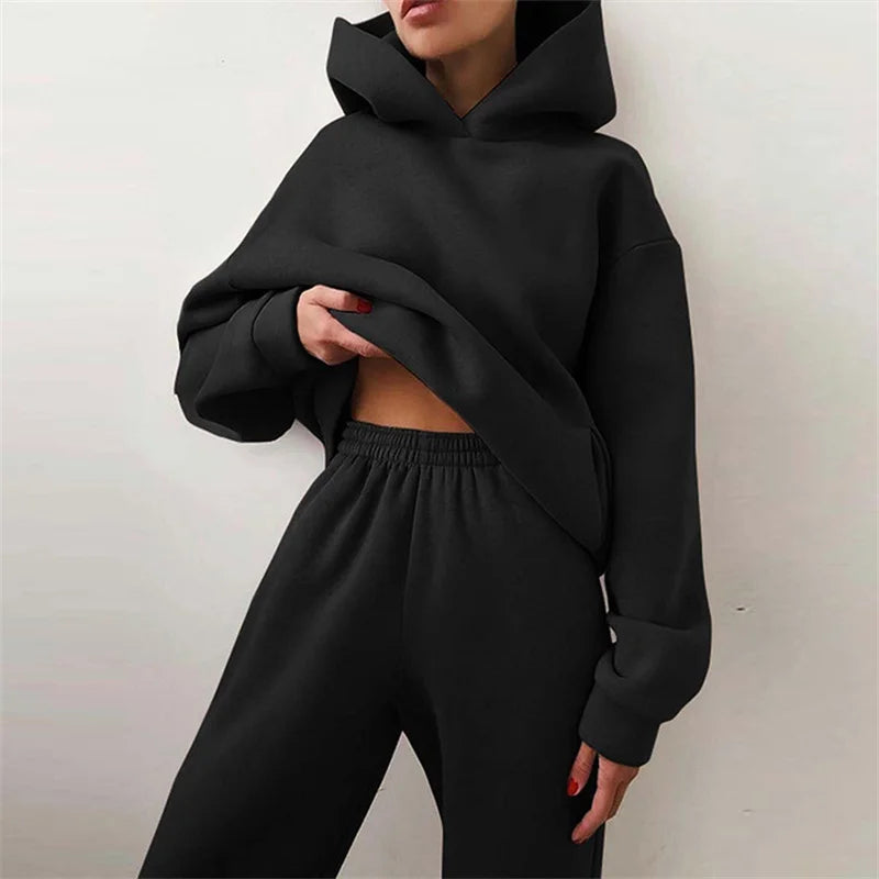 Women's Tracksuit Suit Autumn Fashion Warm Hoodie Sweatshirts Two Pieces Oversized Solid Casual Hoody Pullovers Long Pant Sets Quick Pick Grocers