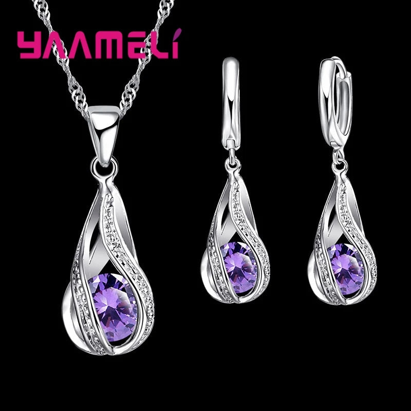 Hot Water Drop CZ 925 Sterling Silver Plated Jewelry Set For Women Pendant Necklace Hoop Earrings Wedding Party Ceremoey Anel Quick Pick Grocers