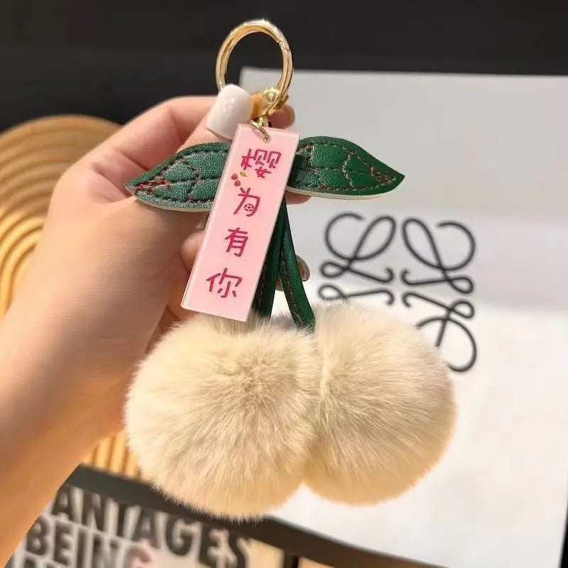 ZAKOL New Cute Fluffy Rex Rabbit Fur Ball Pompom Leaf Keychain Cherry Key Chain Handbag Car Key Chain Ring Gift Quick Pick Grocers