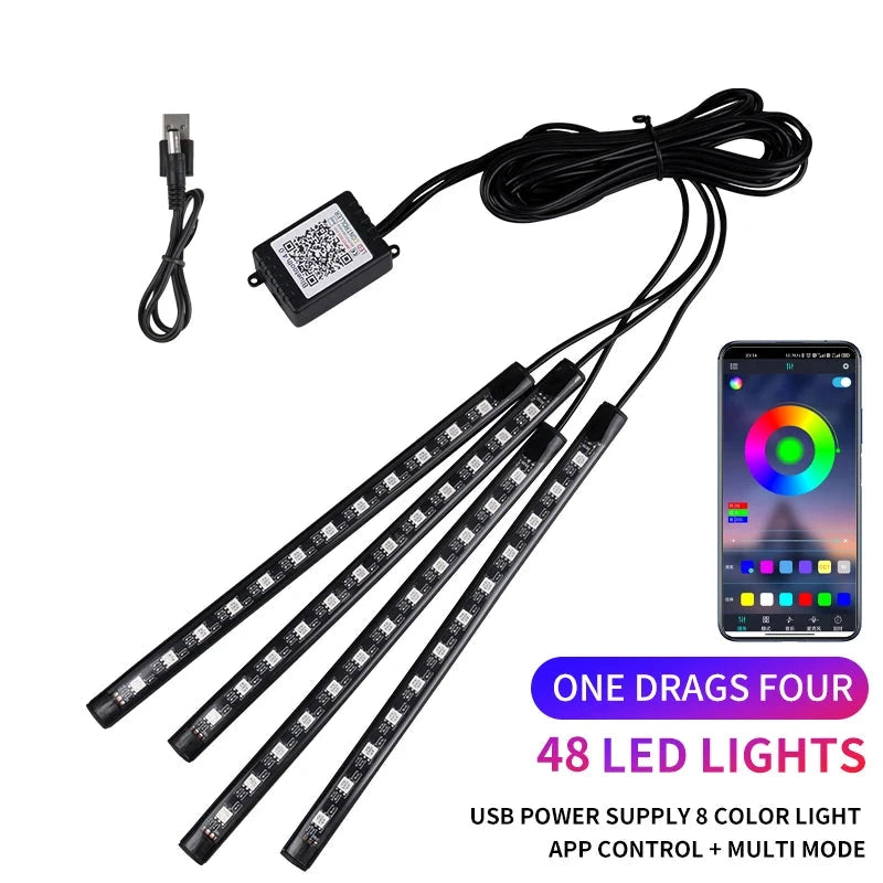 Neon LED Car Interior Ambient Light Kit – RGB Foot Strip Lighting with APP & Remote Control, Music Sync Car Decor Lamp Econic Blanks