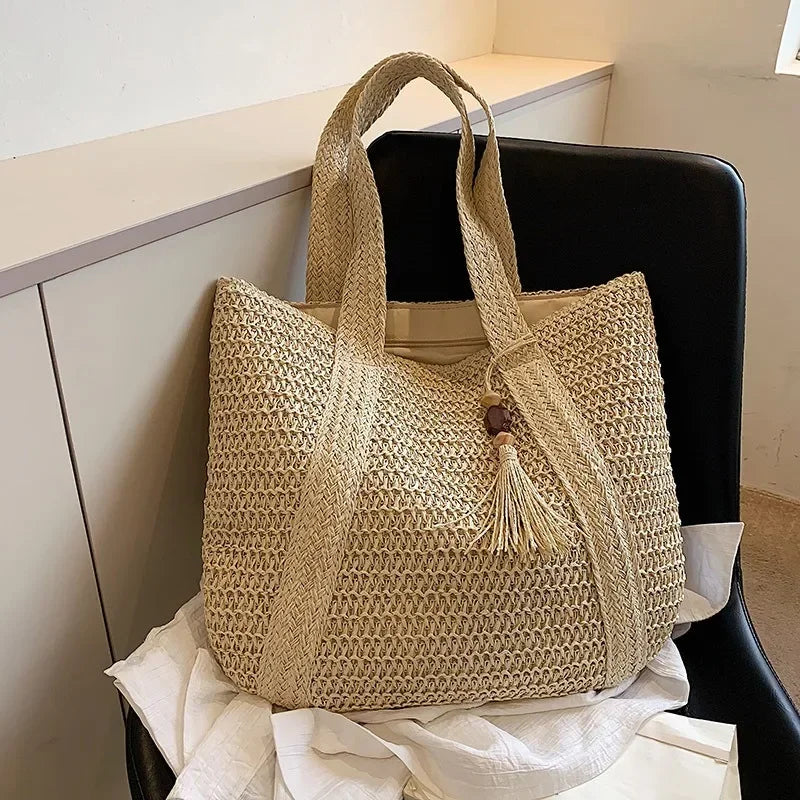Elegant Ladies Straw Woven Handbag Women Holiday Beach Commute Casual Tote Top-Handle Bags Fashion Retro Shoulder Bags 2024 Quick Pick Grocers