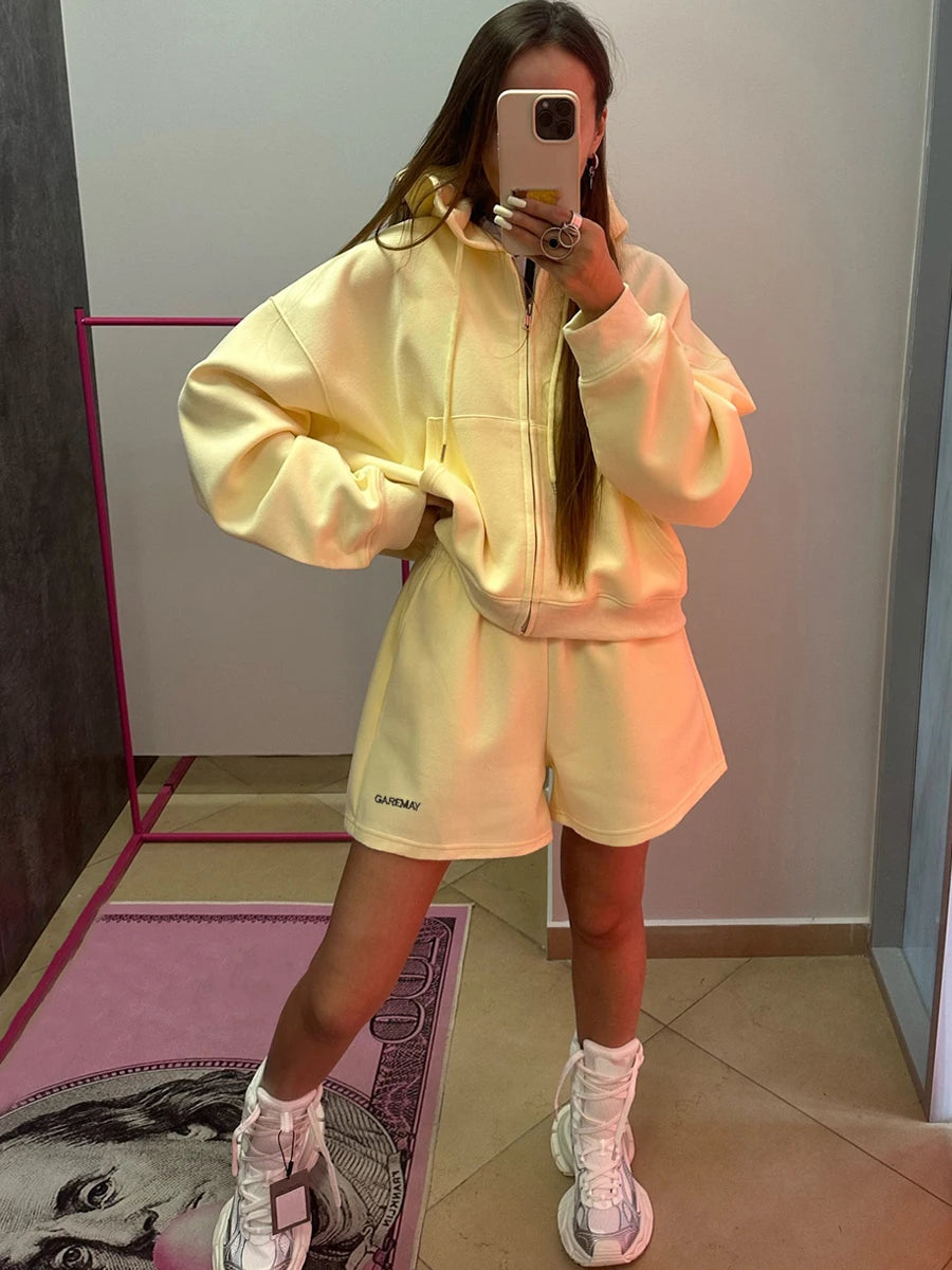 Women's Summer Tracksuit with Shorts Zipper Cotton Oversize Top and Shorts Two Piece Set Casual Sports Yellow Suit for Women Quick Pick Grocers