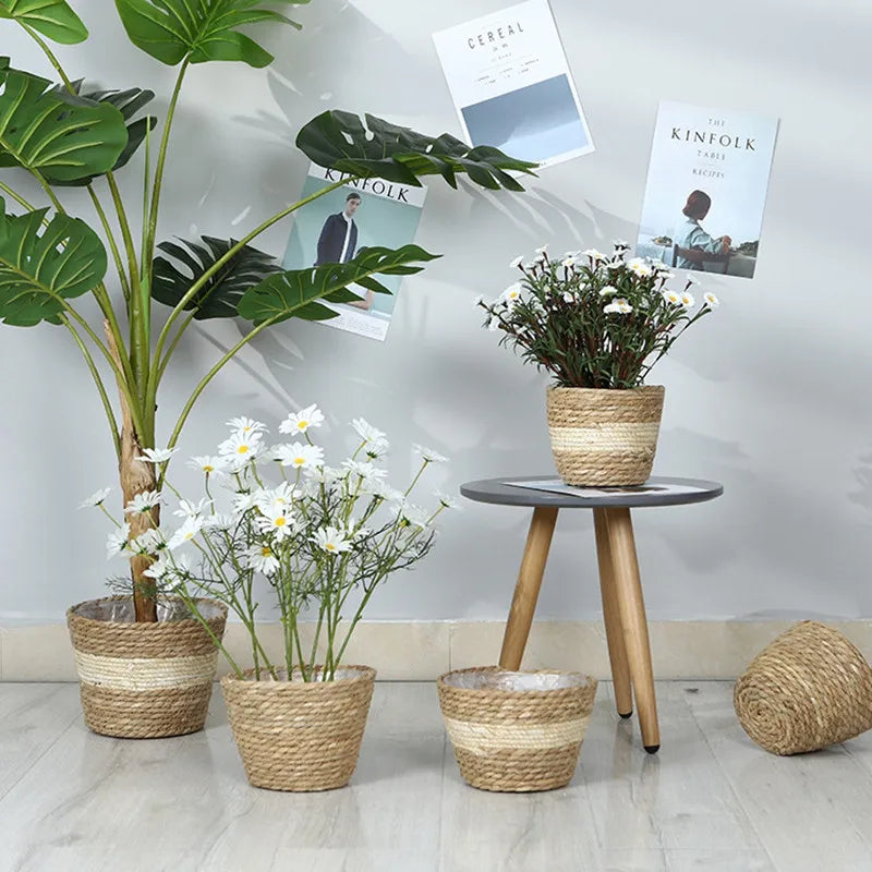 Straw Weaving Flower Plant Pot Basket Grass Planter Basket Indoor Outdoor Flower Pot Cover Plant Containers for Plantable Plants Quick Pick Grocers