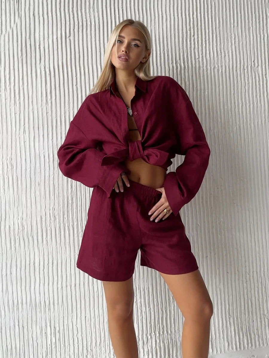 Wolfeel Women's Casual Shorts Sets 100% Cotton Solid Color Cozy Lapel Long Sleeve Shirt Summer New Elastic Waist Shorts Suits Quick Pick Grocers