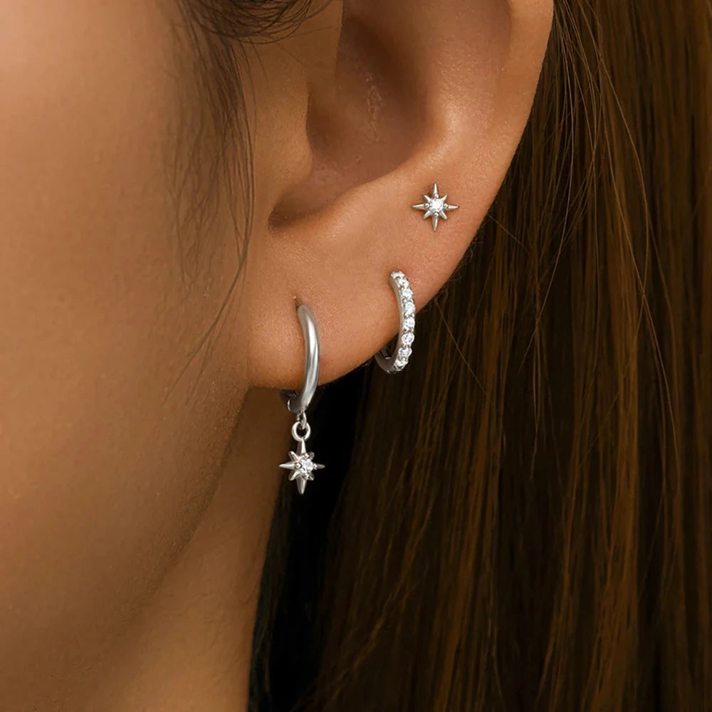 3 Piece Fashion Stainless Steel Round Star Drop Earrings Set for Women 18K Gold Plated Dangle Earring Punk Unisex Rock  Jewelry Econic Blanks