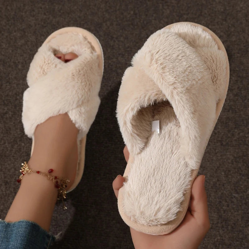 Cross Warm Fluffy Furry Slippers Women Lightweight Flat Heels Fur Slides Woman Autumn Winter Open Toe Non Slip Home Floor Shoes Purest Peak