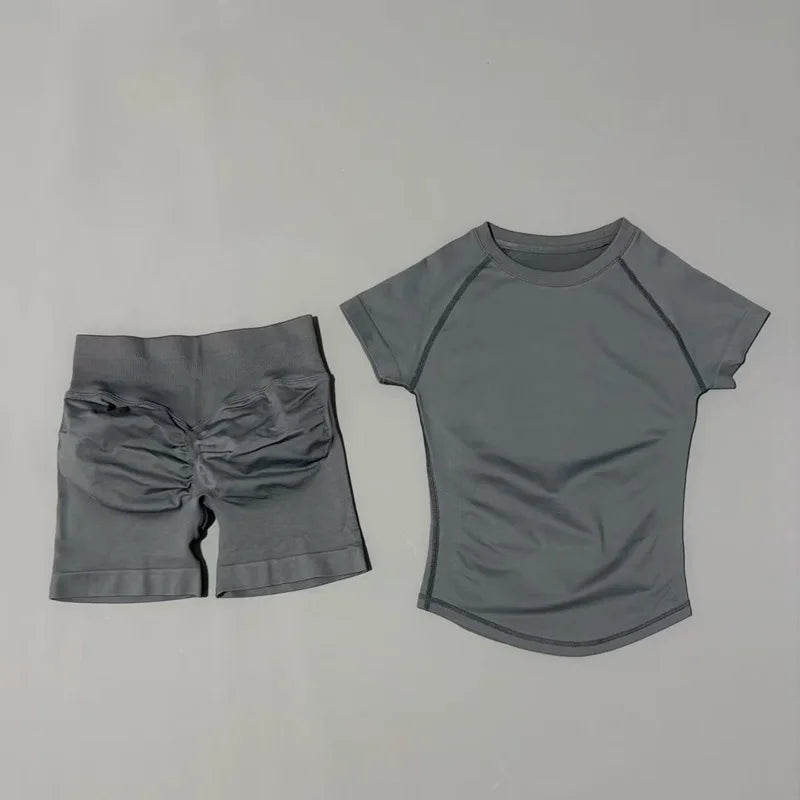 2 Pcs HISTELLO Sports Gym Sets Short Sleeve Seamless Yoga Clothing Fitness Set Women Workout Running Sports Short Leggings Suit Quick Pick Grocers
