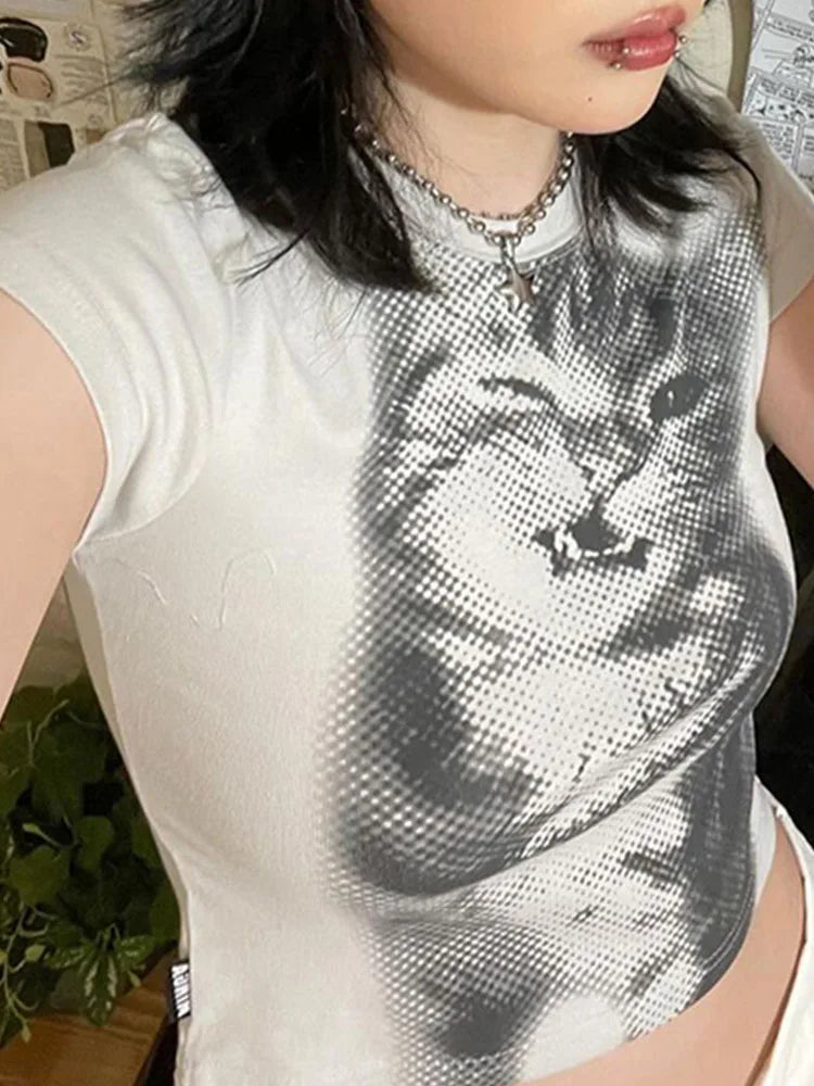 Harajuku Animal Print Crop Top Basic White Short Sleeve Crewneck T-shirt Women Casual Slim-fitting Tees Lady y2k Vintage Quick Pick Grocers