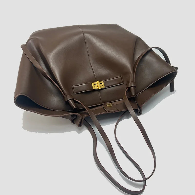 Fashion Large Capacity Trapeze Women Shoulder Bags Designer Metal Lock Handbags High-Quality Pu Leather Big Tote Commute Bag Quick Pick Grocers