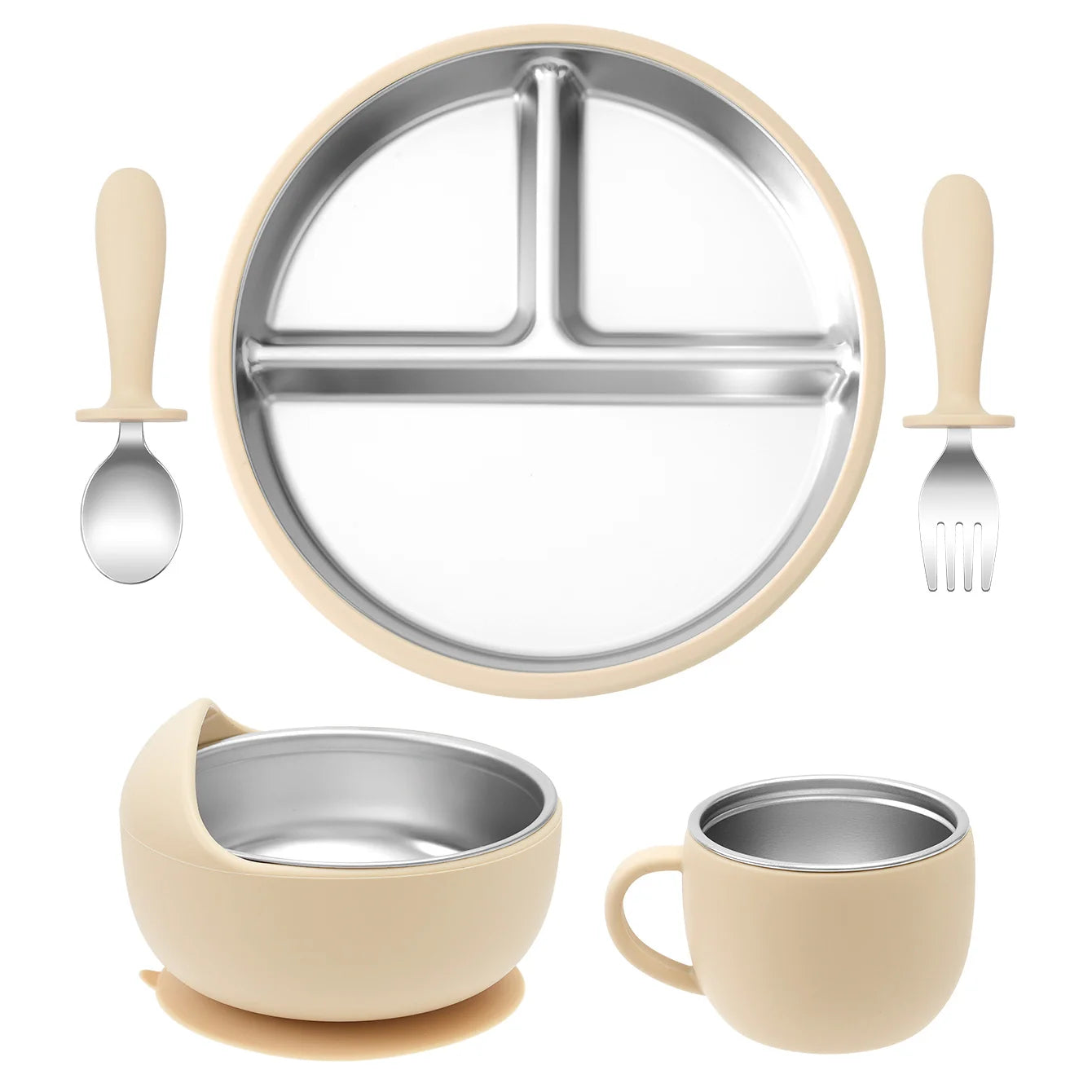 5PCS Stainless Steel Dishes Plate Baby Feeding Set With Detachable Silicone Sucker Bowl BPA Free Infant Fork Spoon Cup Gifts Purest Peak