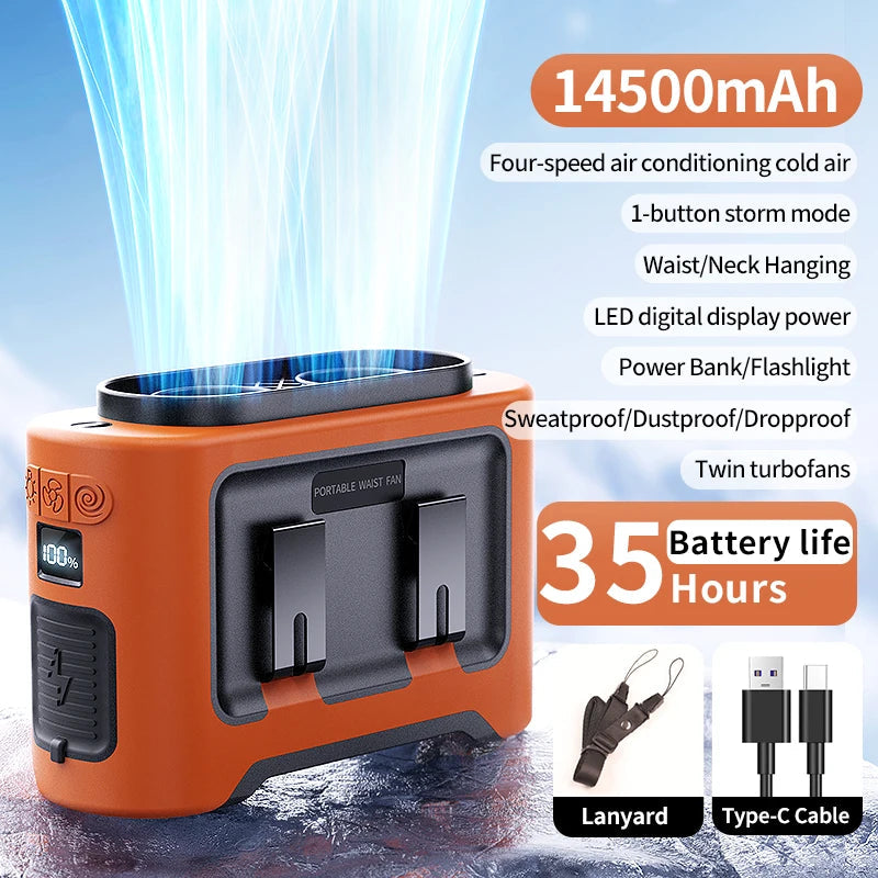 Socoolfan 14500mAh Outdoor Fan Portable Waist Hanging Neck Strong Dual Air Vents Fans for Travel Sports Courier Outdoor Working Quick Pick Grocers