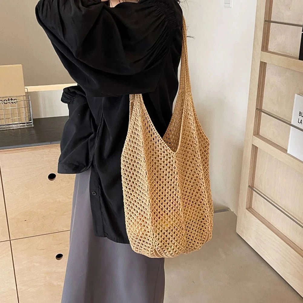 Women Knitting Shoulder Bag Large Capacity Knitting Underarm Bag Solid Crochet Tote Handbag Summer Mesh Beach Bag Hobo Bag Econic Blanks