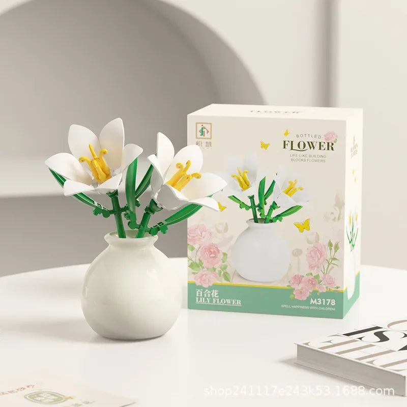 Building block pot plant bouquet of flowers, roses, lily building blocks, toys with flower pots, cute living room ornaments gift Quick Pick Grocers