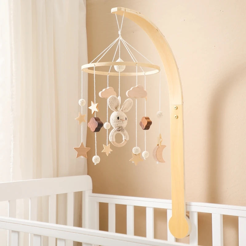 Baby Wooden Bed Bell Cartoon Rabbit Mobile Hanging Rattles Toy Hanger Crib Mobile Bed Bell Wood Toy Holder Arm Bracket Kid Gifts Purest Peak