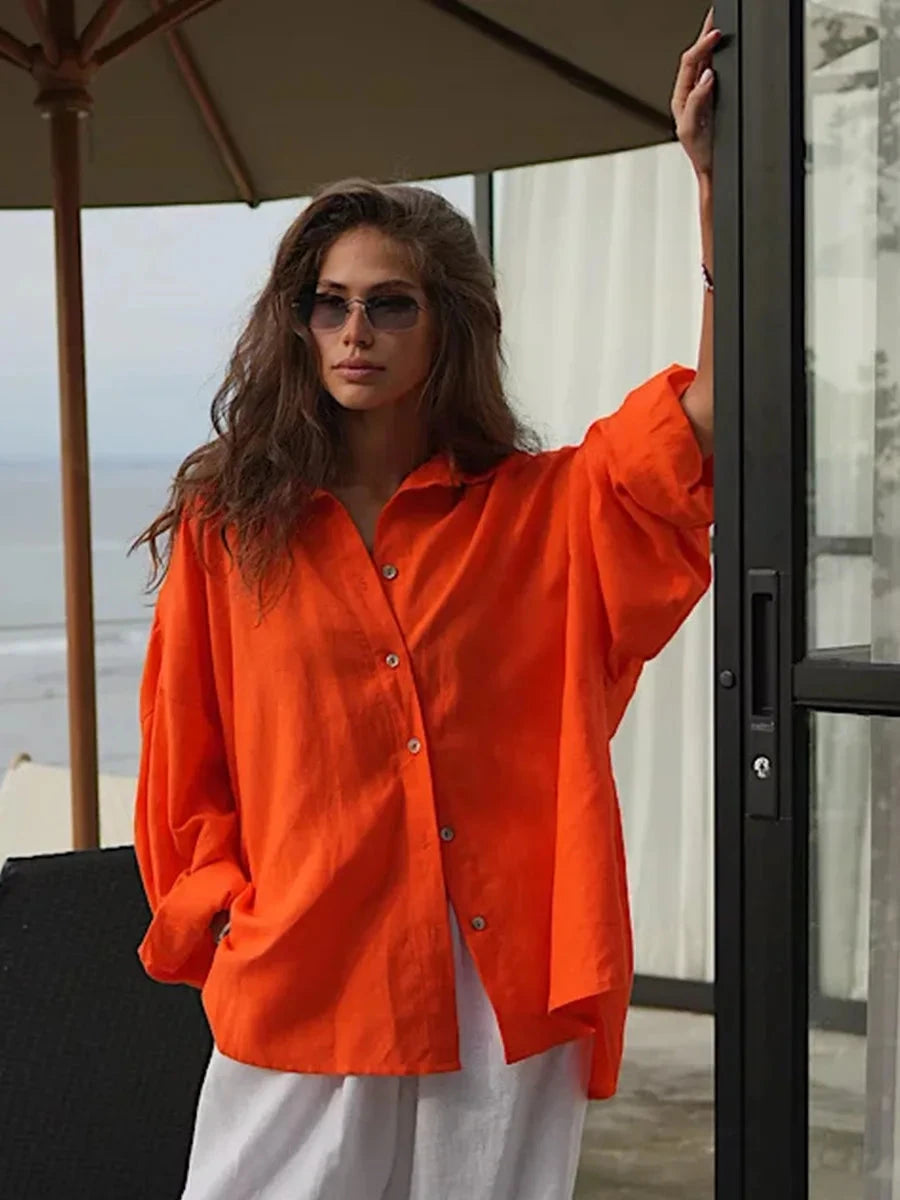 Bornladies 100% Cotton Spring Summer Versatile Lazy Casual Shirt Women's Fashionable Solid Color Loose Shirt Cardigan Shirt Econic Blanks