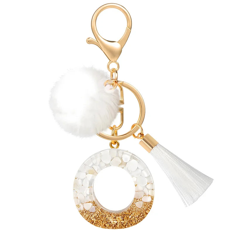 Creative Resin Initials White Fringe Fur Ball Women Keychain A-Z Letter Pendant Handbag Decor Car Key Ring Jewelry Gift Quick Pick Grocers