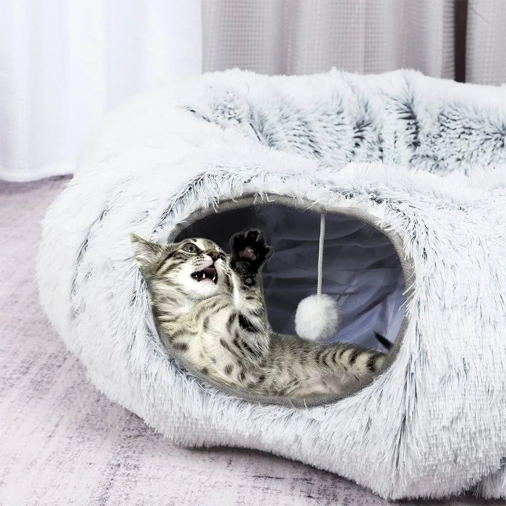 Winter New Arrival Plush Cat Tunnel Bed Foldable Two-in-One round Warmth Pet Nest Thickened Cozy Cuddly Cat Hideaway Quick Pick Grocers