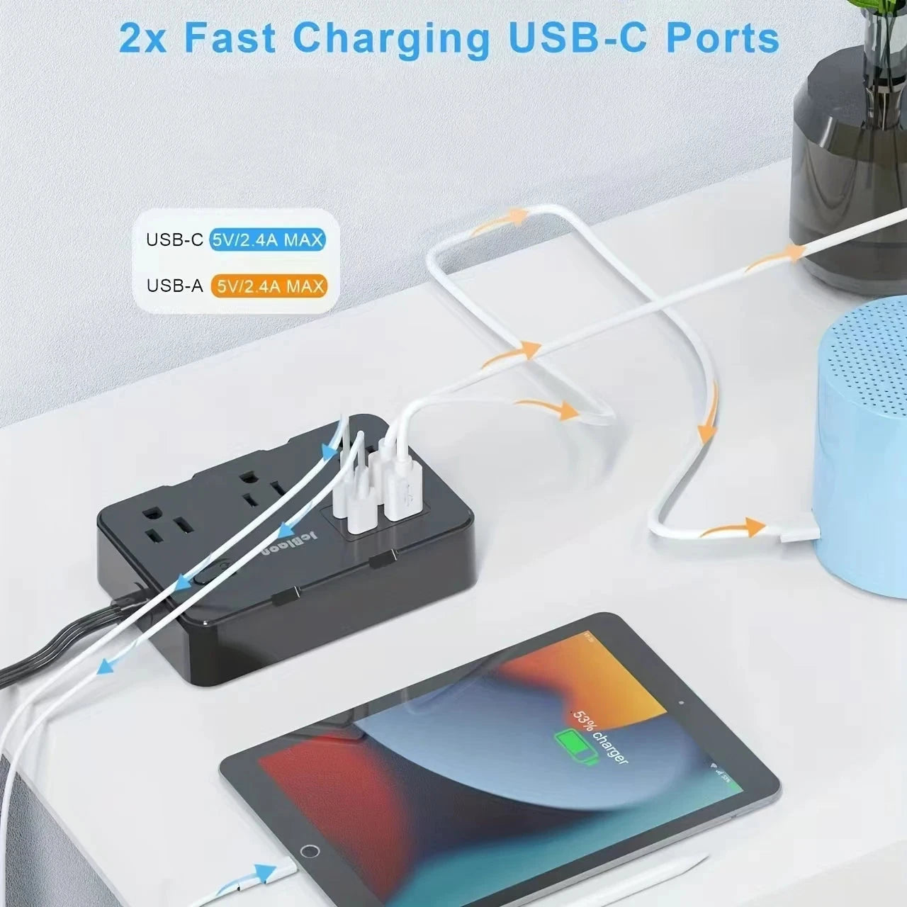Surge Protector Ultra Thin Flat US Plug with 6 Widely Outlets 4 USB Ports,5ft Extender Cable,Power Strip Adapter for Home Office Econic Blanks