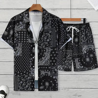 2024 New Men's Summer Holiday Suit Retro Textured Printed Border Shirt Short Sleeve Shorts Two Piece Men's Breathable Pool Suit Quick Pick Grocers