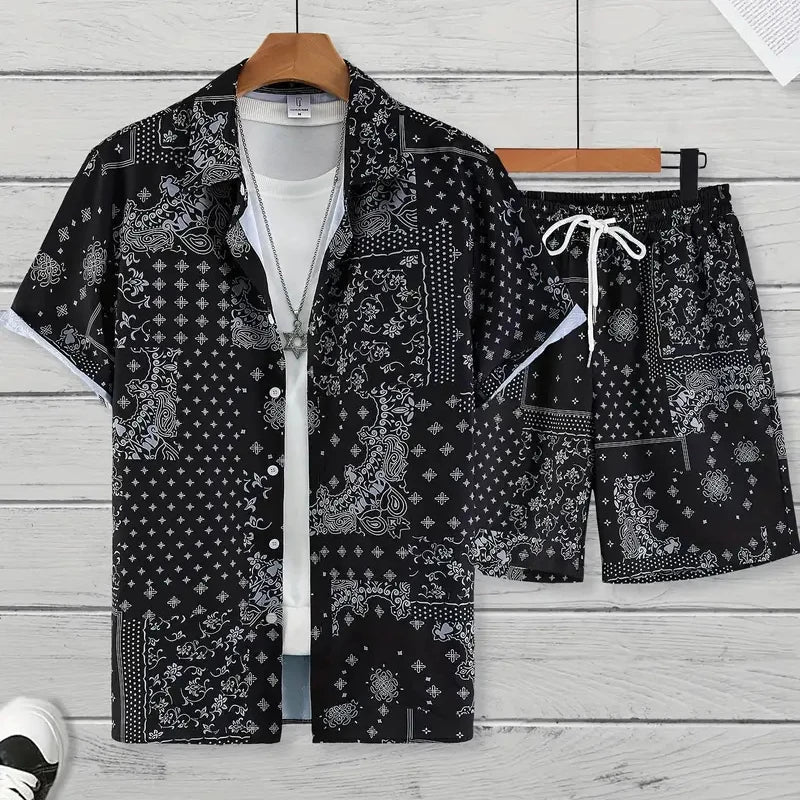 2024 New Men's Summer Holiday Suit Retro Textured Printed Border Shirt Short Sleeve Shorts Two Piece Men's Breathable Pool Suit Quick Pick Grocers