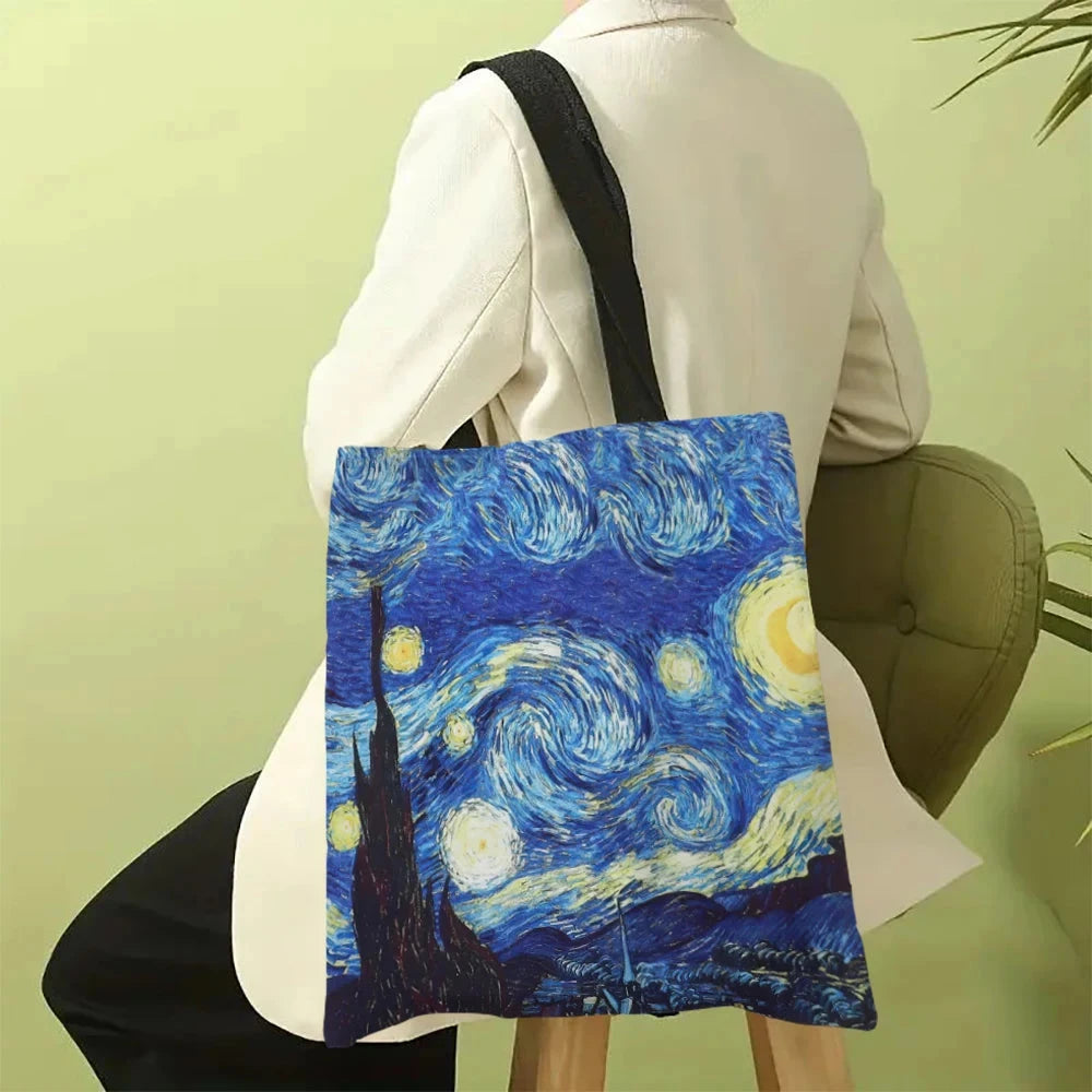 Canvas Bag Van Gogh Series Canvas Bag Oil Painting Starry Night Sunflower Apricot Flower Coffee Holder Handbag 30X35cm Econic Blanks