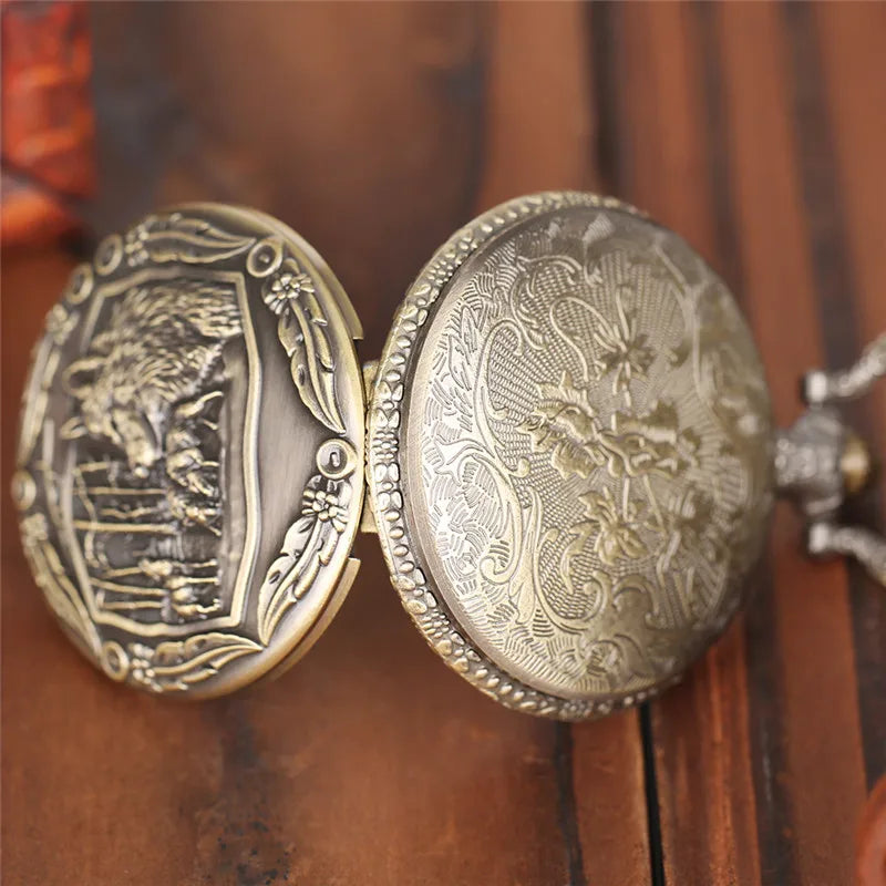 Vintage Bronze Wolf Animal Head Relief Quartz Pocket Watch with Necklace Chain Pendant Great Gift for Men's Kids Clock Watch Quick Pick Grocers