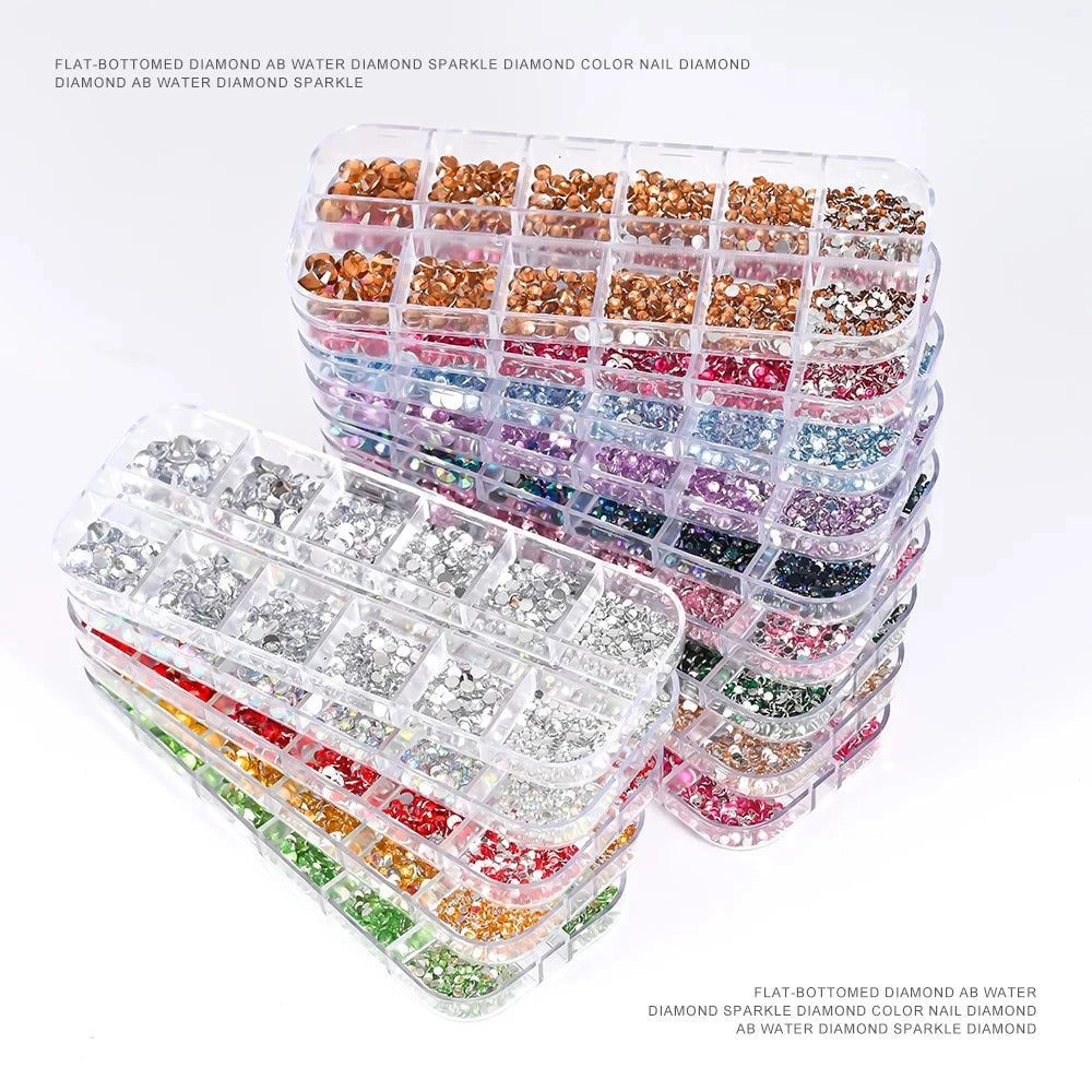 2400pcs+ Shiny Clear Crystal Gems Nail Rhinestones 1.5-4mm Mixed Round Glass Stone Flatback Nail Charms 12grids Nail Diamond DIY Econic Blanks