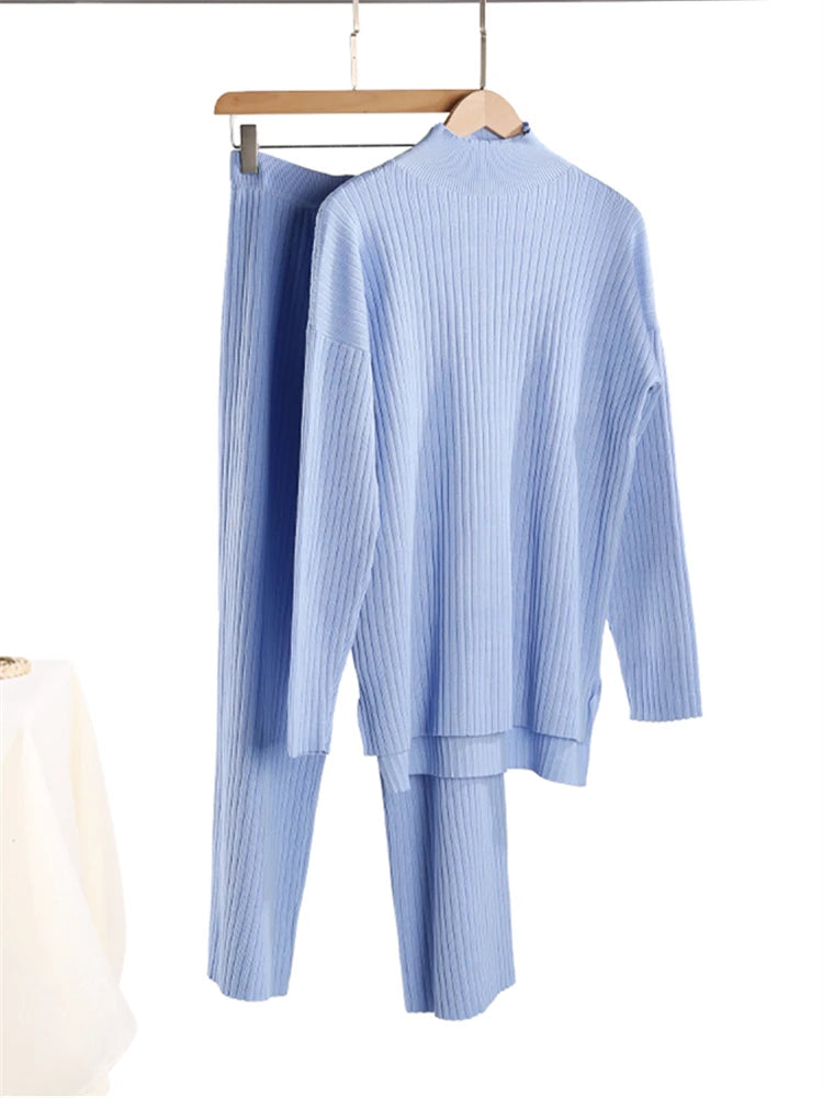 Autumn Winter 2 Pieces Women Sets Knitted Tracksuit Turtleneck Sweater and Straight Jogging Pants Suits Quick Pick Grocers