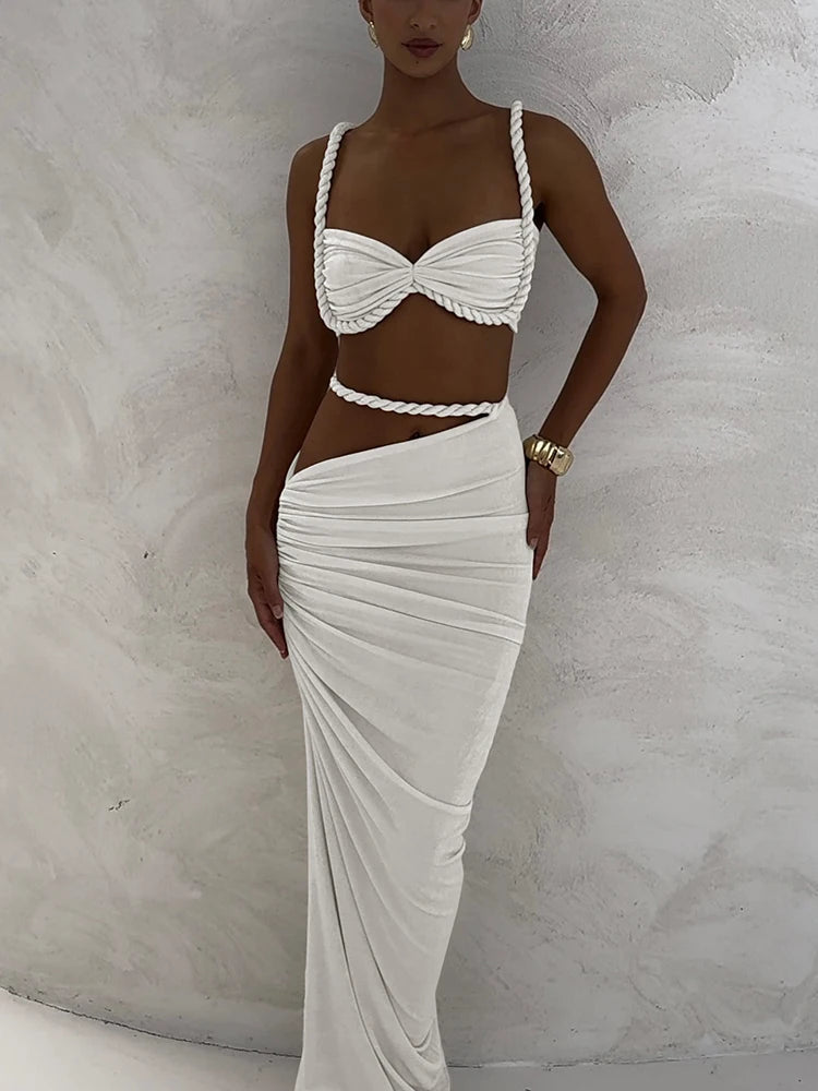 Cutenew Woven Matching Women 2 Piece Sexy Vacation Outfits Pleated Crop Camis+Shirring High Waist Maxi Skirts Solid Mujer Sets Quick Pick Grocers