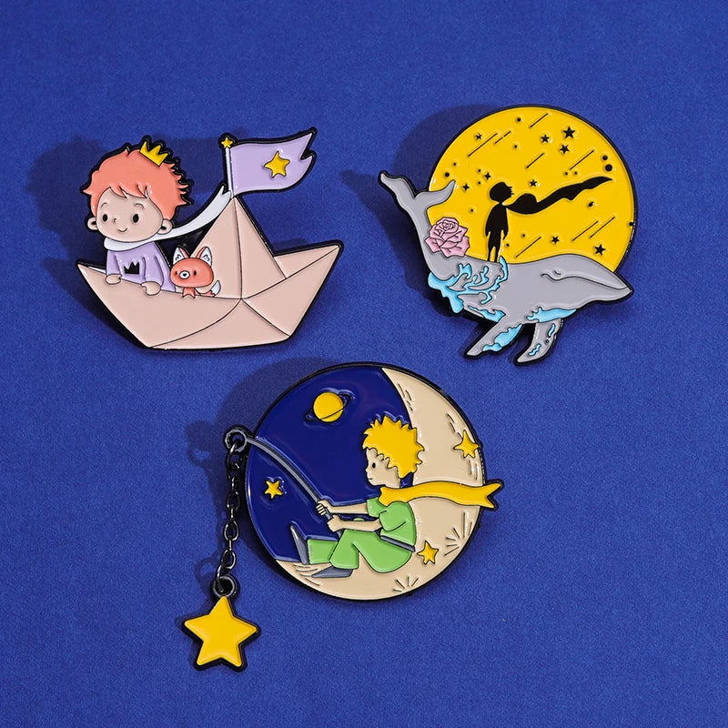 Cartoon Boy Fox Rose Enamel Pins Moon Star Whale Paper Boat Brooch Lapel Hat Bag Badge Jewelry Accessories Gift for Kids Friends Quick Pick Grocers