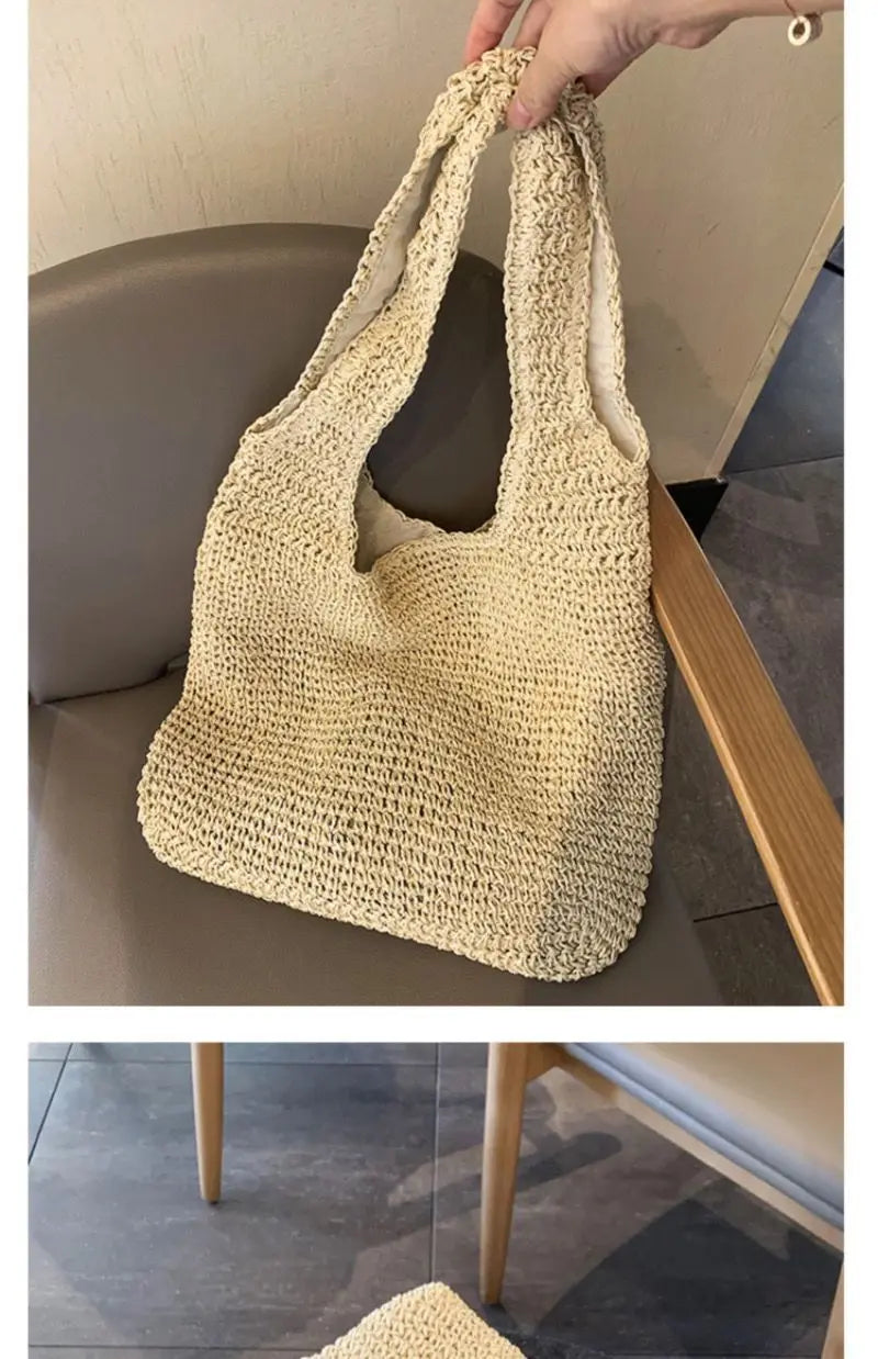 French Style Large Capacity Woven Straw Woven Bag for Women New Beach Vacation Shoulder Bag Casual Commuting Tote Bag Purse Quick Pick Grocers