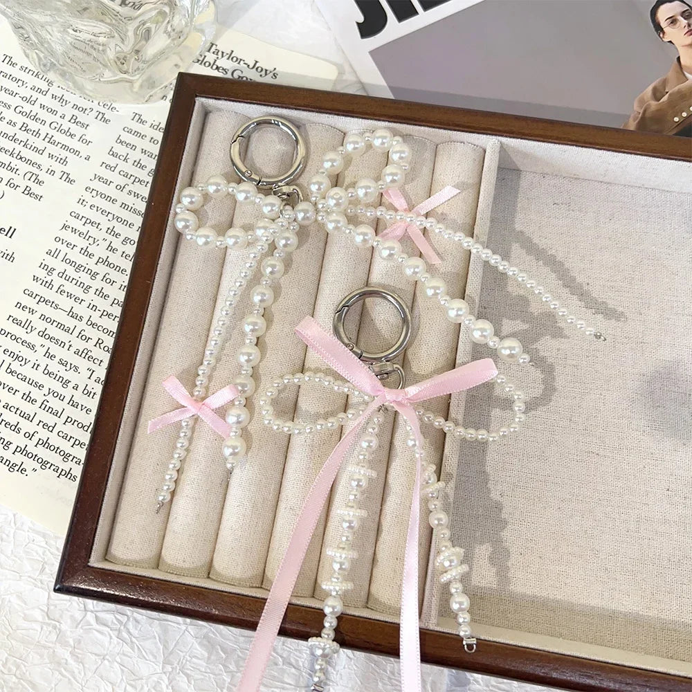 2026 New Korean Fashion Sweet Pearl Bow Keychain Heart Pendant Keyring Y2K Ins Aesthetic Holder for Girl Bag Pendant Accessories Quick Pick Grocers