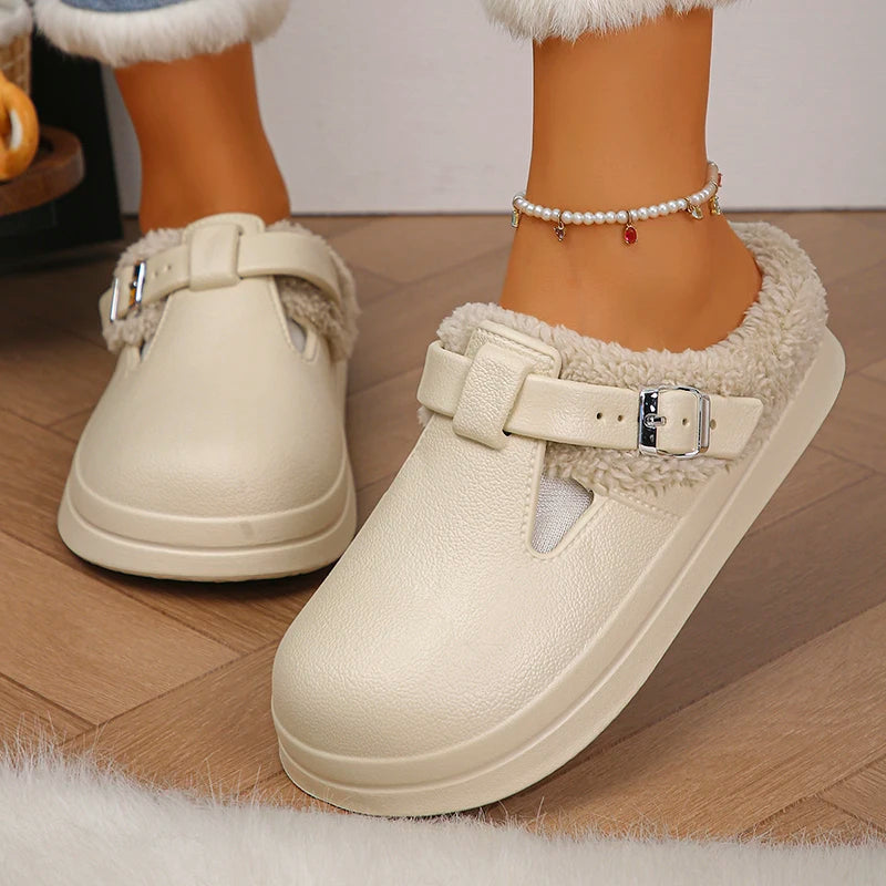 Winter Warm Fluffy Clogs Slippers Women Eva Waterproof Non Slip Home Slides Woman Lightweight Soft Sole Fuzzy Cotton Slippers Purest Peak