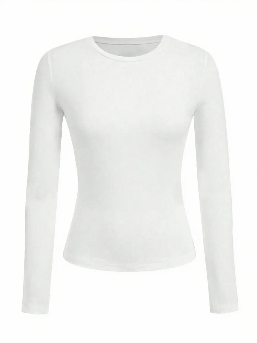 Women's solid-color long-sleeved T-shirt - Polyester knitted fabric, round neck, regular fit, fall-winter style Quick Pick Grocers