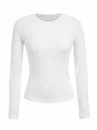 Women's solid-color long-sleeved T-shirt - Polyester knitted fabric, round neck, regular fit, fall-winter style Quick Pick Grocers