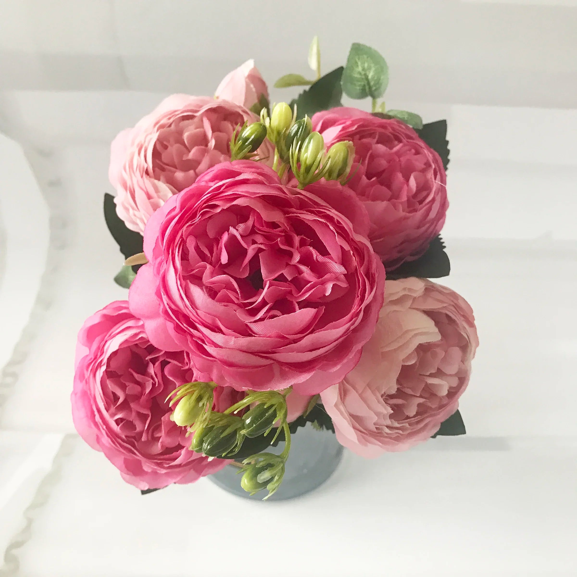 30cm Rose Pink Silk Peony Artificial Flowers Bouquet 5 Big Head and 4 Bud Cheap Fake Flowers for Home Wedding Decoration indoor Quick Pick Grocers