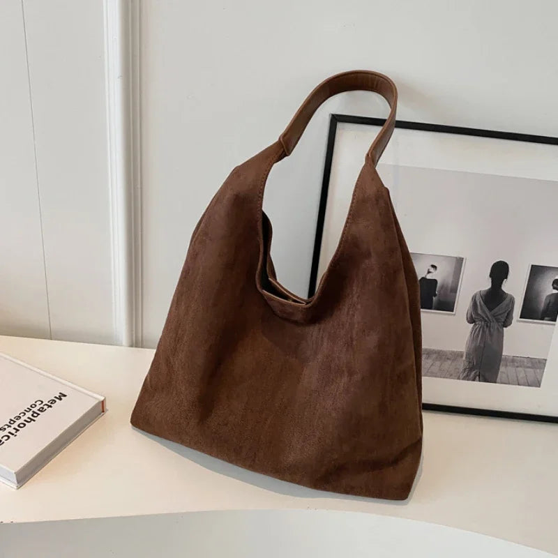 Autumn and Winter Vintage Women's Bag Large Capacity Suede Shoulder Bag Solid Color Simple Casual Commuter Bag Retro Handbags Quick Pick Grocers
