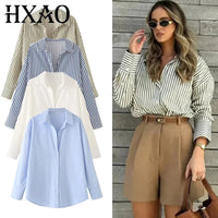 HXAO 2025 Woman Blouses Long Stripe Shirts Women Spring Summer Long Sleeve Blue White Shirt Woman Large Tops Button Up Shirts Quick Pick Grocers