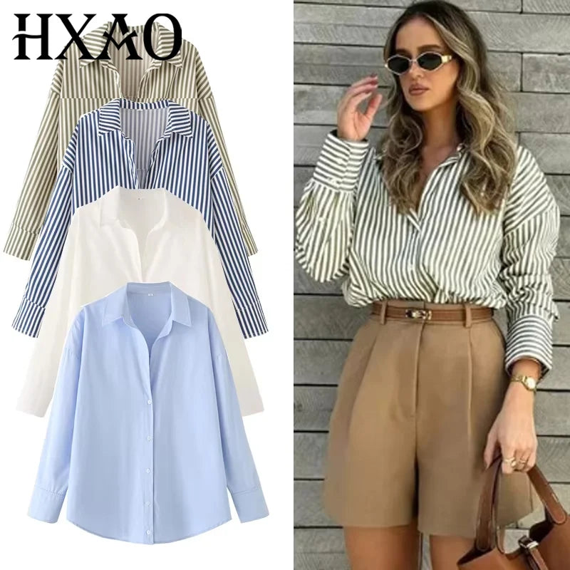 HXAO 2025 Woman Blouses Long Stripe Shirts Women Spring Summer Long Sleeve Blue White Shirt Woman Large Tops Button Up Shirts Quick Pick Grocers