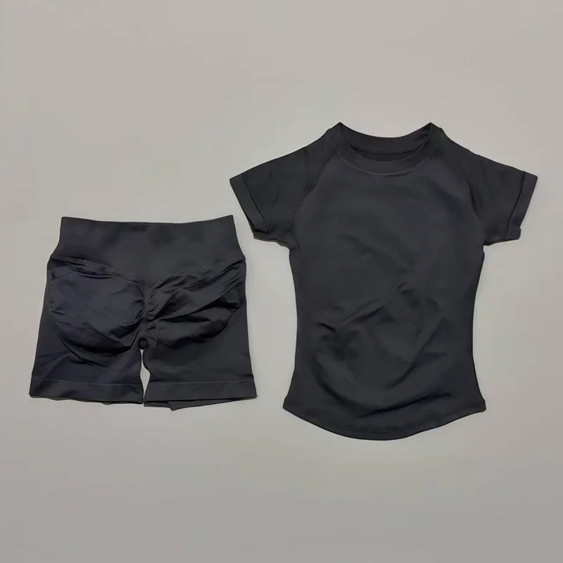2 Pcs HISTELLO Sports Gym Sets Short Sleeve Seamless Yoga Clothing Fitness Set Women Workout Running Sports Short Leggings Suit Quick Pick Grocers